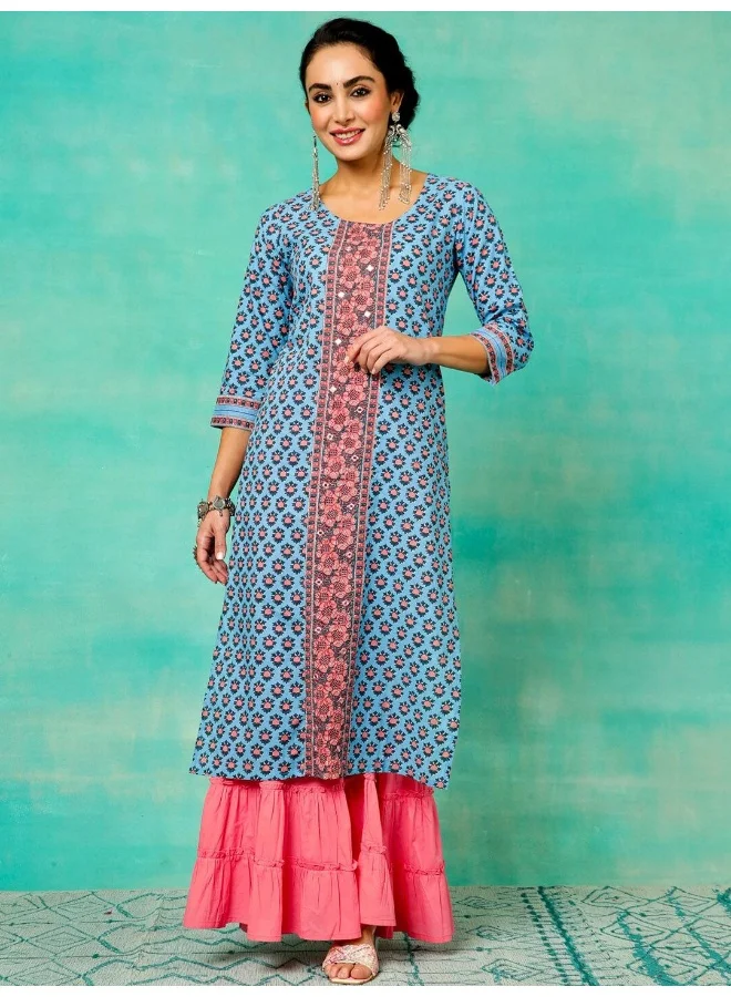 AKS Blue & Pink Printed Straight Kurta