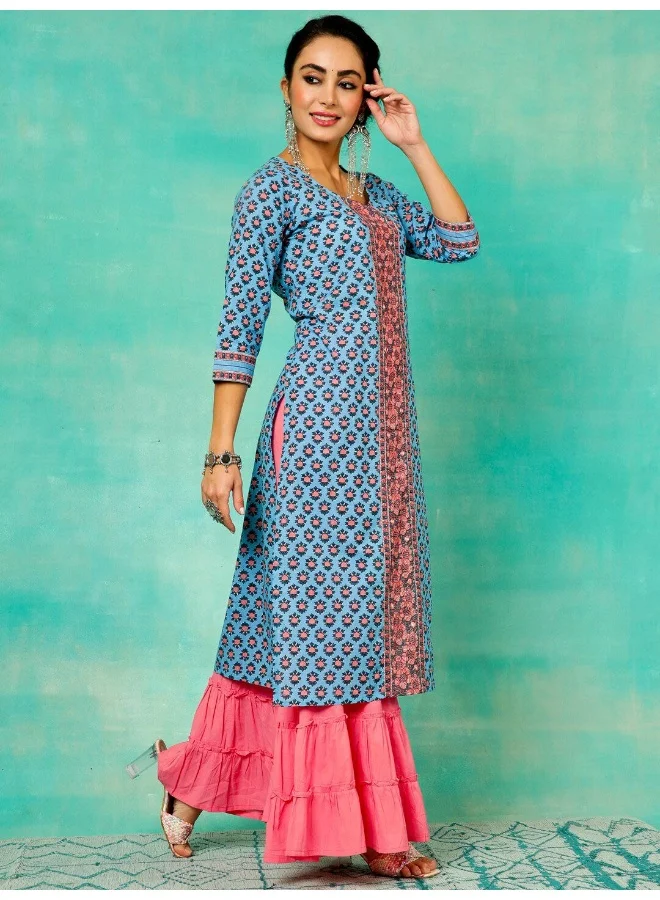 AKS  Blue & Pink Printed Straight Kurta for Women | Best Price UAE