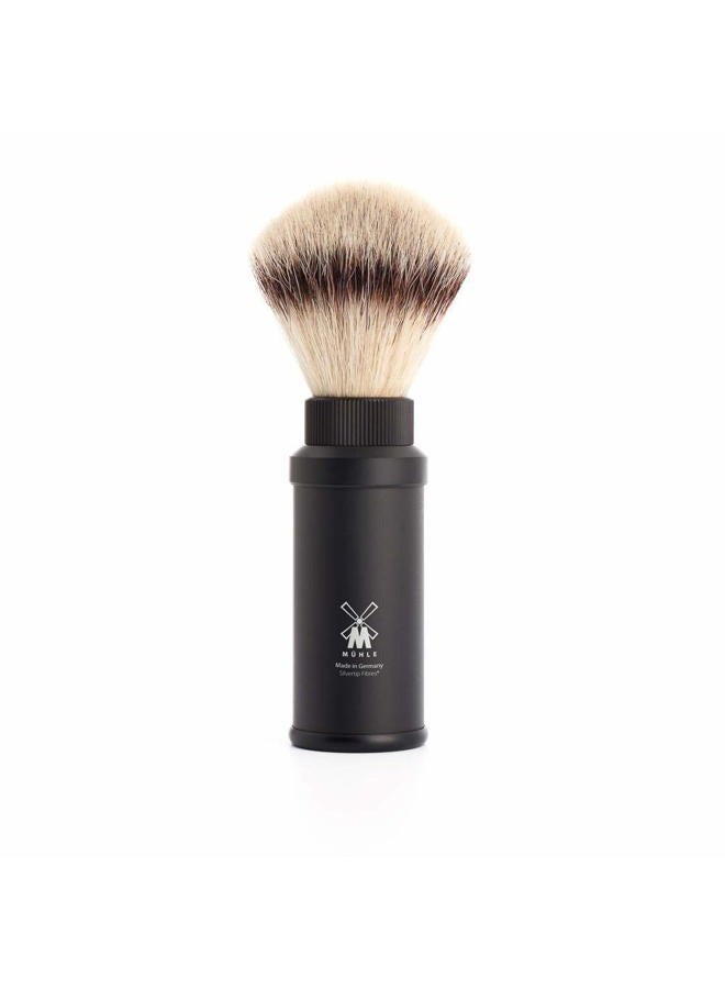 M MÜHLE Travel Black Aluminum Silvertip Fibre Shaving Brush - Portable Synthetic Luxury Shave Brush for Men, Rich Lather - Image 1