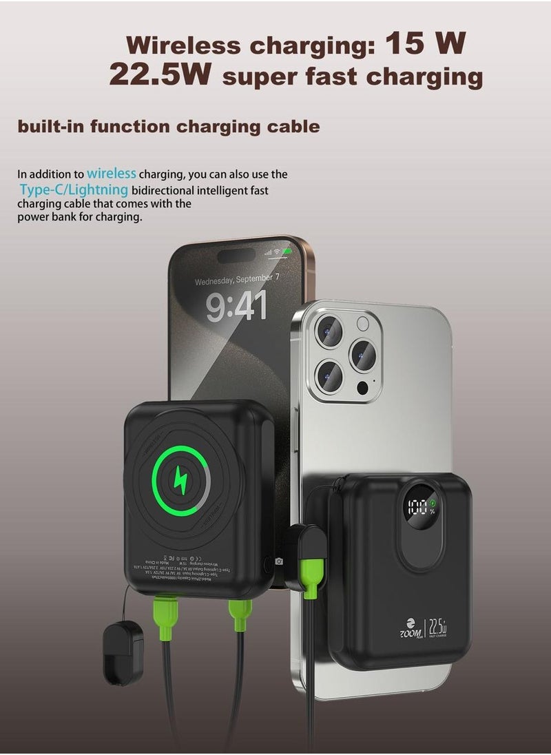 Zoom Plus - TODO 10000mAh Mini Wireless Power Bank, supports 15W Wireless Charging, Ultra-Small ATM Card Size Portable Charger, Digital Display, And Type-C 22.5W Fast Charging Port & Built-in Lightning & Type-C Cables - Image 1