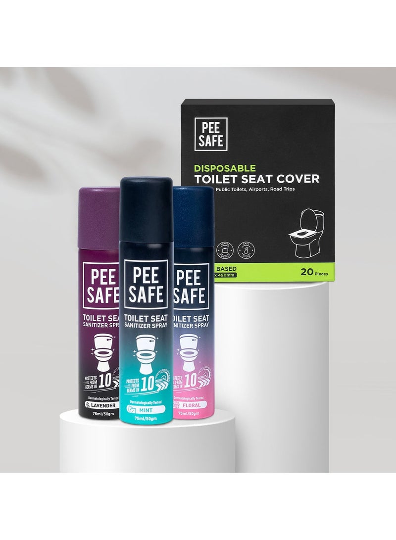 بيساف مجموعة العائلة لنظافة المرحاض | مجموعة من 3 عبوات بخاخ معقم كرسي الحمام (75 مل) مع 2 عبوة غطاء مقعد المرحاض للاستعمال مرة واحدة (10 أغطية) | يحمي من الجراثيم | سهل الحمل | عبوة مناسبة للسفر - Image 1