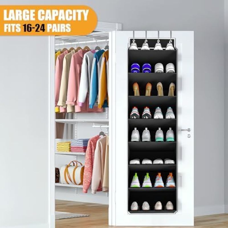 Over The Door Shoe Organizer 24 Pocket Hanging Shoe Rack Black - Space Saving Door-Mounted Storage for Closets - Image 2