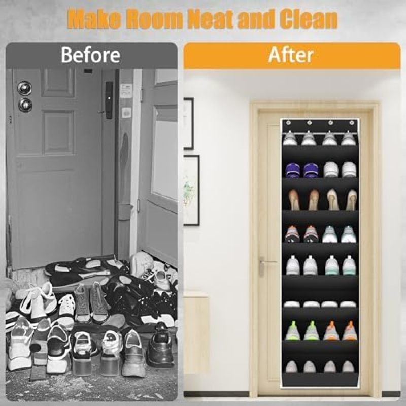 Over The Door Shoe Organizer 24 Pocket Hanging Shoe Rack Black - Space Saving Door-Mounted Storage for Closets - Image 4