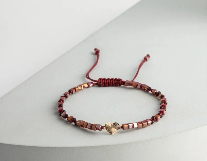 Minza  Minza “Lian” Women’s Bracelet, Pure 18K Gold Heart Charm & Red Agate Bracelet, Czech Crystal Handmade Adjustable Bracelet for Women, Jewelry for Casual & Special Occasion. for Women | Best Price UAE
