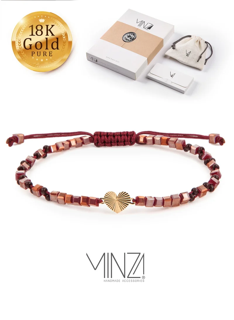 Minza “Lian” Women’s Bracelet, Pure 18K Gold Heart Charm & Red Agate Bracelet, Czech Crystal Handmade Adjustable Bracelet for Women, Jewelry for Casual & Special Occasion.