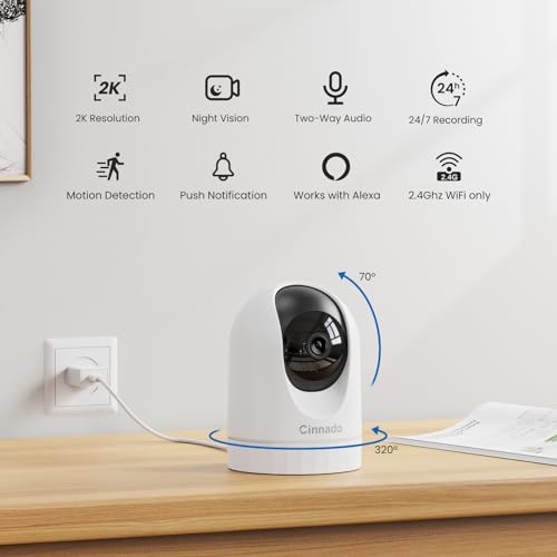 Cinnado 2K Home Security Cameras-2.4Ghz WiFi Indoor Camera with 360° Motion Detection for Pets/Nanny/Baby/Dog, 2 Way Audio, 24/7 SD Card Storage, Cloud Storage, Works with Alexa & Google Home, D1 4P - Image 2