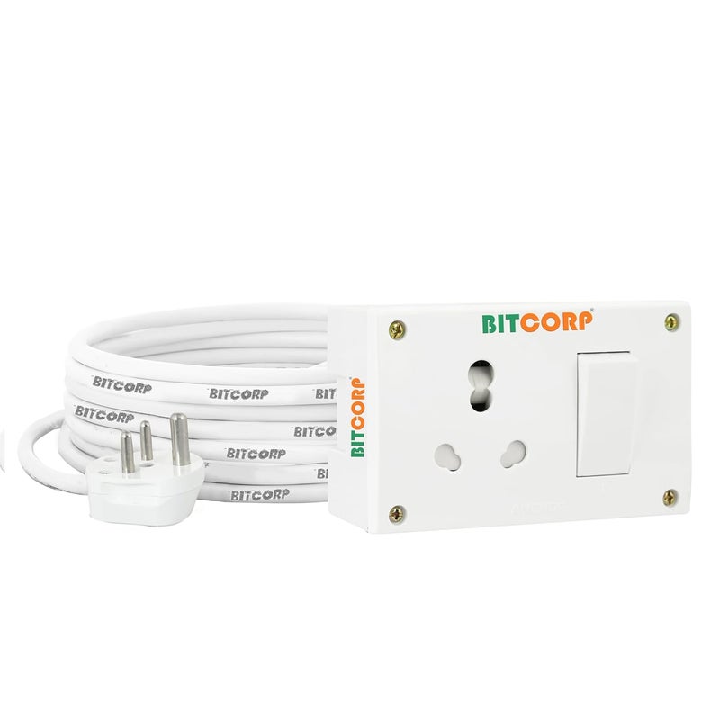 BITCORP لوحة تمديد بيتكورب محول 6A إلى 16A صندوق ثقيل 15A 16A 20A مع حماية حرارية 1 مقبس 1 مفتاح 2500W حماية من الارتفاع مع كابل بطول 4 متر تركيب على الحائط أبيض - Image 1