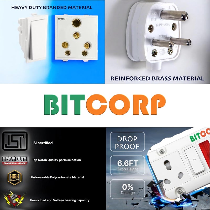 BITCORP لوحة تمديد بيتكورب محول 6A إلى 16A صندوق ثقيل 15A 16A 20A مع حماية حرارية 1 مقبس 1 مفتاح 2500W حماية من الارتفاع مع كابل بطول 4 متر تركيب على الحائط أبيض - Image 5