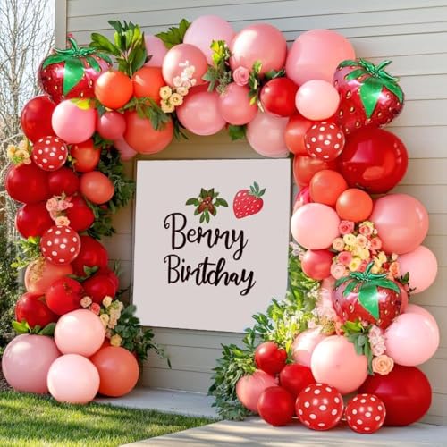 Partycus Strawberry Balloon Arch Kit Double Stuffed Pastel Red Baby Pink Coral Balloon Garland with 18in Strawberry Foil for Berry First Birthday Baby Shower Sweet Mothers Day Wedding Party - Image 1