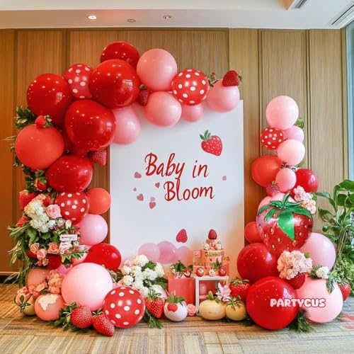 Partycus Strawberry Balloon Arch Kit Double Stuffed Pastel Red Baby Pink Coral Balloon Garland with 18in Strawberry Foil for Berry First Birthday Baby Shower Sweet Mothers Day Wedding Party - Image 5