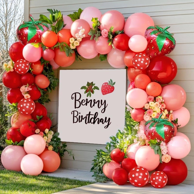 Partycus Strawberry Balloon Arch Kit Double Stuffed Pastel Red Baby Pink Coral Balloon Garland with 18in Strawberry Foil for Berry First Birthday Baby Shower Sweet Mothers Day Wedding Party - Image 2