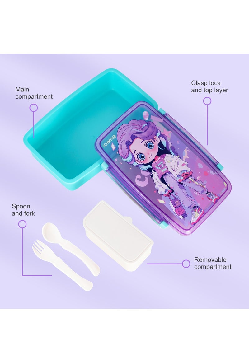Nova kids Bento Lunch Box With Spoon And Fork - Cute Girl Pink  - Image 3