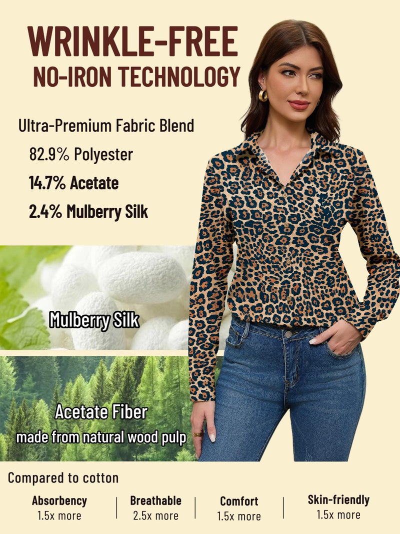 COUXILY Leopard Print Tops for Women Ladies and Blouses Top Boho Womens Shirt Blouse Shirts Business Casual Long Sleeve Dressy Silk Button Down Up Work Fashion Trendy 2026 Winter Pattern 05 L - Image 3