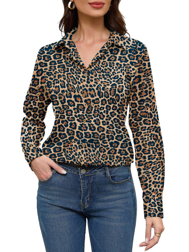 COUXILY Leopard Print Tops for Women Ladies and Blouses Top Boho Womens Shirt Blouse Shirts Business Casual Long Sleeve Dressy Silk Button Down Up Work Fashion Trendy 2026 Winter Pattern 05 L - Image 2
