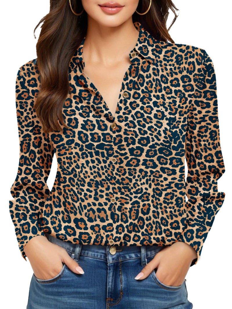 COUXILY Leopard Print Tops for Women Ladies and Blouses Top Boho Womens Shirt Blouse Shirts Business Casual Long Sleeve Dressy Silk Button Down Up Work Fashion Trendy 2026 Winter Pattern 05 L - Image 1