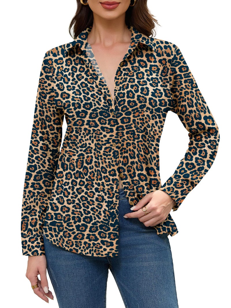 COUXILY Leopard Print Tops for Women Ladies and Blouses Top Boho Womens Shirt Blouse Shirts Business Casual Long Sleeve Dressy Silk Button Down Up Work Fashion Trendy 2026 Winter Pattern 05 L - Image 4