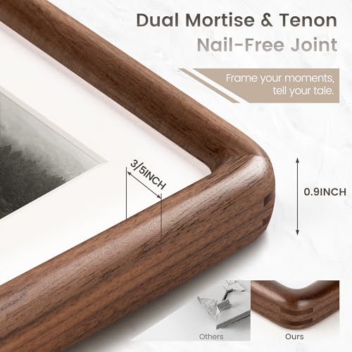 FLYJOE 11X14 Picture Frame, Natural Solid Walnut Wood Photo Collage Frame with HD Tempered Glass, Rounded Corner Wooden Frame 11 x 14 Matted to 8x10, Gallery Wall Frames for Art, Wall or Tabletop Display - Image 3