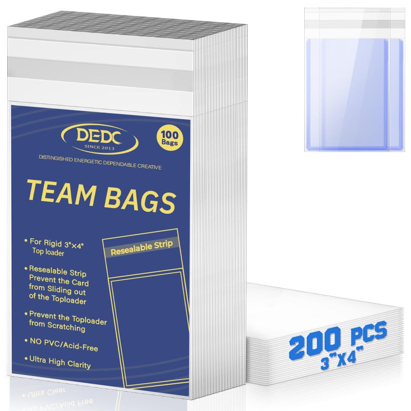 DEDC 200 Pcs Card Sleeves Team Bags for Trading Cards, Team Bag Fit 3x4inch 35PT Top Loaders for Trading Card Shipping Sports Graded Card Sleeves Protector - Image 1