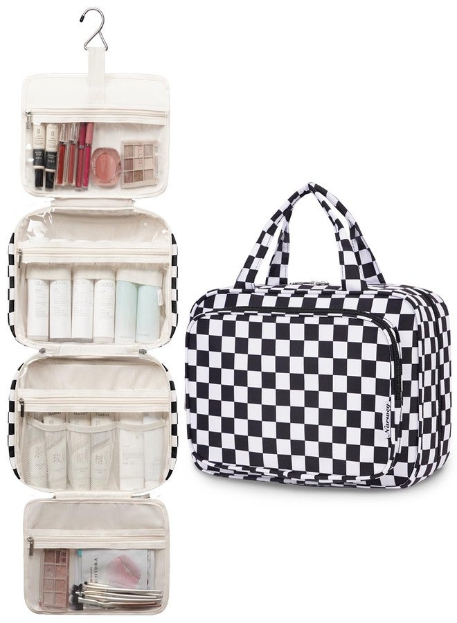 Narwey Travel Toiletry Bag for Women Large Hanging Makeup Bag Organizer Toiletries Bag for Full Size Essentials Accessories Cosmetics (Black Checkerboard (Large)) - Image 4