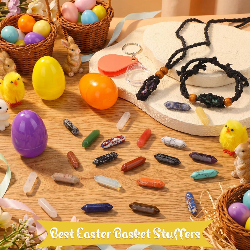 Kenning 24 Sets Prefilled Easter Eggs Fillers with Natural Crystals Stones Mesh Necklace Bracelet Rope for Easter Basket Stuffers Egg Hunt Gifts Classroom Rewards Party Favors - Image 3