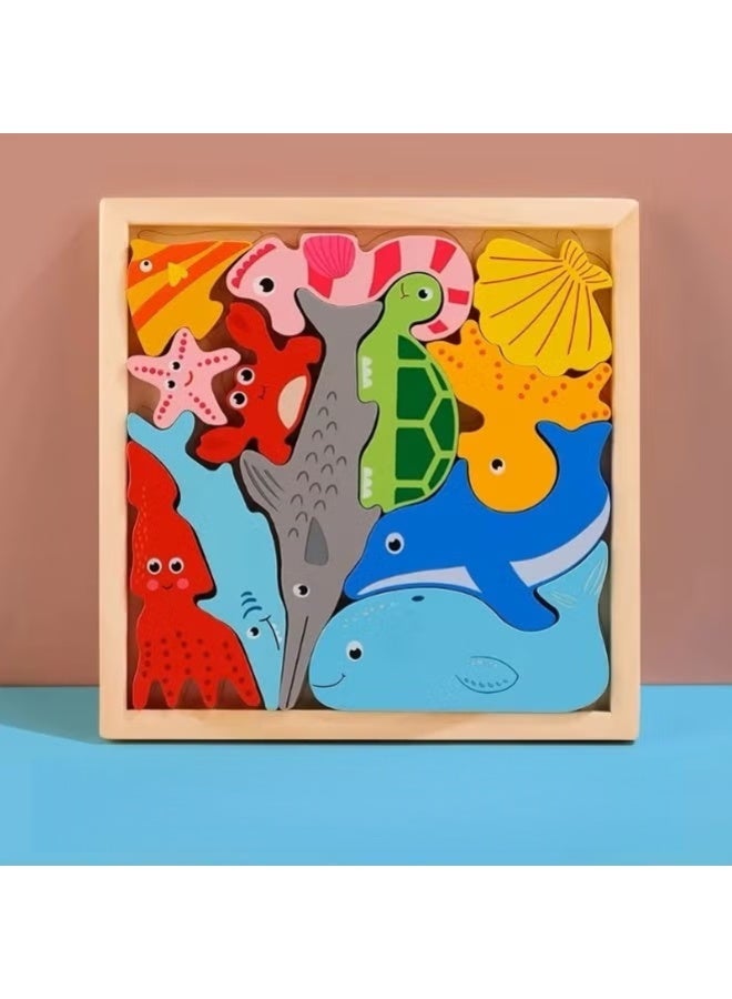 لغز خشبي ثلاثي الأبعاد لحيوانات المحيط الكرتونية | لعبة مونتيسوري بجزيئات كبيرة للأطفال من عمر 2 إلى 5 سنوات | لغز تعليمي تفاعلي بين الوالدين والطفل (حيوانات بحرية) - Image 1
