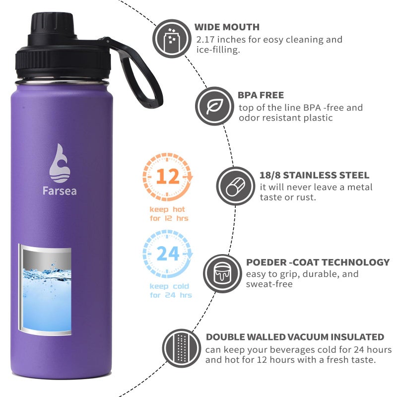 Farsea Insulated Water Bottle With Paracord Handle  Protective Silicone Boot and 2 Lids (Straw Lid & Spout Lid)  Stainless Steel Water Bottle Wide Mouth  Double Wall Sweat-Proof BPA-Free(Purple  24oz) - Image 2