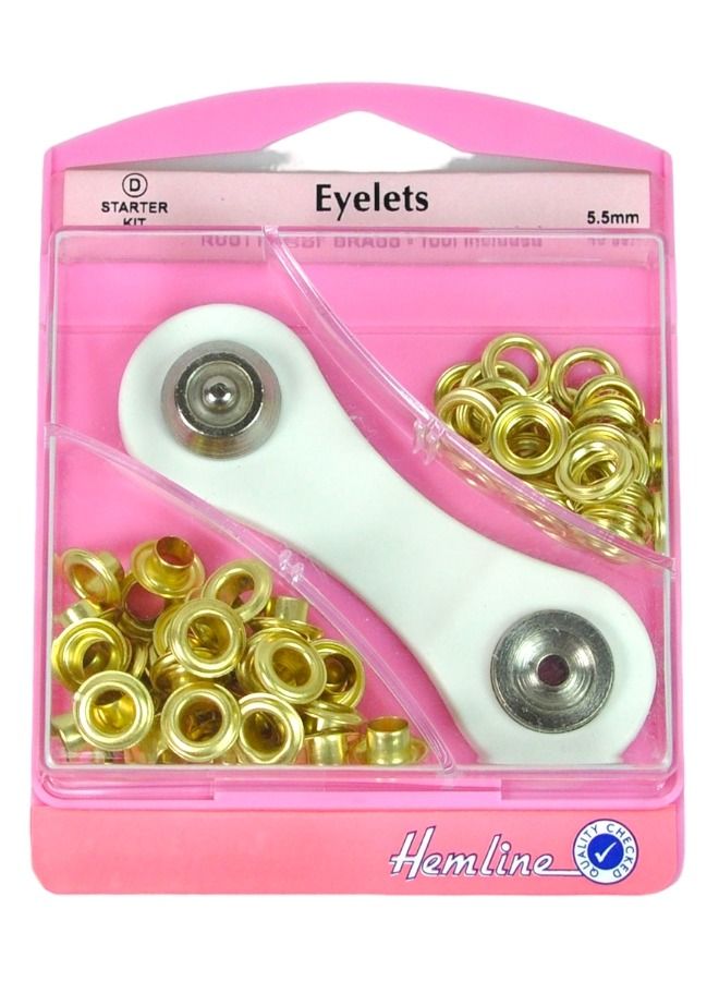 Hemline 40 Sets Eyelets Rust Proof Brass Gold Color Pressing Tool Included 5.5 Millimeter Starter Kit - Image 1