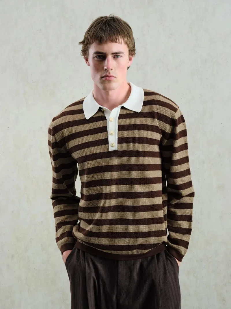Giesto Beaver Brown GIESTO Polo Collar Striped Knitted Sweater with Button Closure for Men | Best Price UAE