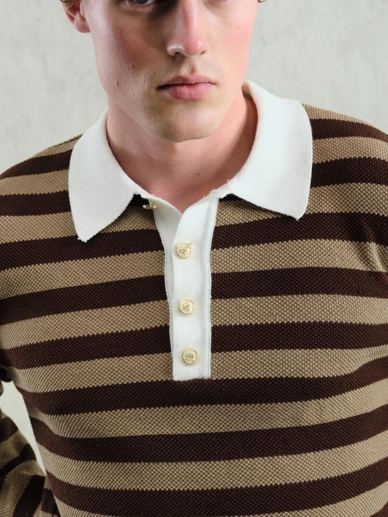 Giesto Beaver Brown GIESTO Polo Collar Striped Knitted Sweater with Button Closure for Men | Best Price UAE