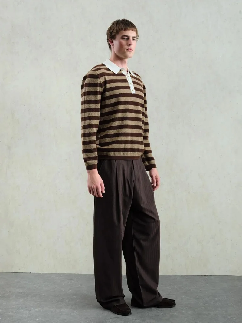 Giesto Beaver Brown GIESTO Polo Collar Striped Knitted Sweater with Button Closure for Men | Best Price UAE