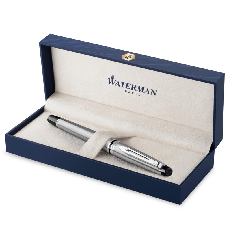 Waterman Expert Fountain Pen Stainless Steel with Chrome Trim Medium Nib with Blue Ink Cartridge Gift Box - Image 2