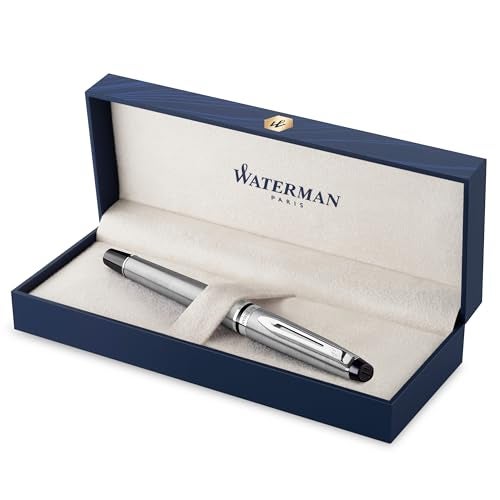 Waterman Expert Fountain Pen Stainless Steel with Chrome Trim Medium Nib with Blue Ink Cartridge Gift Box - Image 1