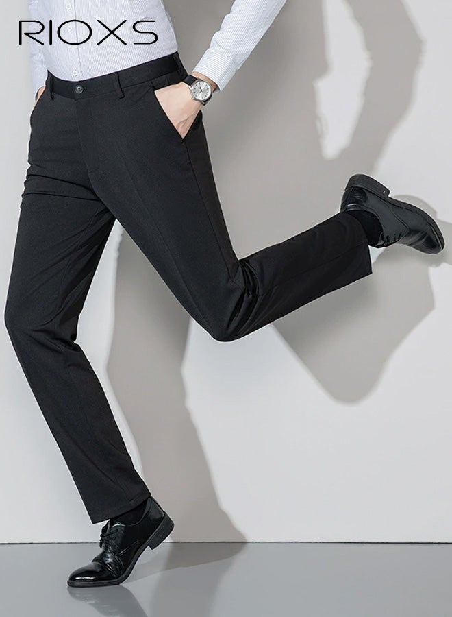 ريوكس بنطلونات رجالية رسمية، بنطلونات رجالية غير رسمية بقصة عادية، بنطلونات رجالية عمل مسطحة من الأمام ومريحة وخالية من التجاعيد مع جيوب، بنطلونات مريحة ومطاطية للعمل والاجتماعات والمواعيد الغرامية وحفلات التخرج والزفاف وغيرها، أسود - Image 2
