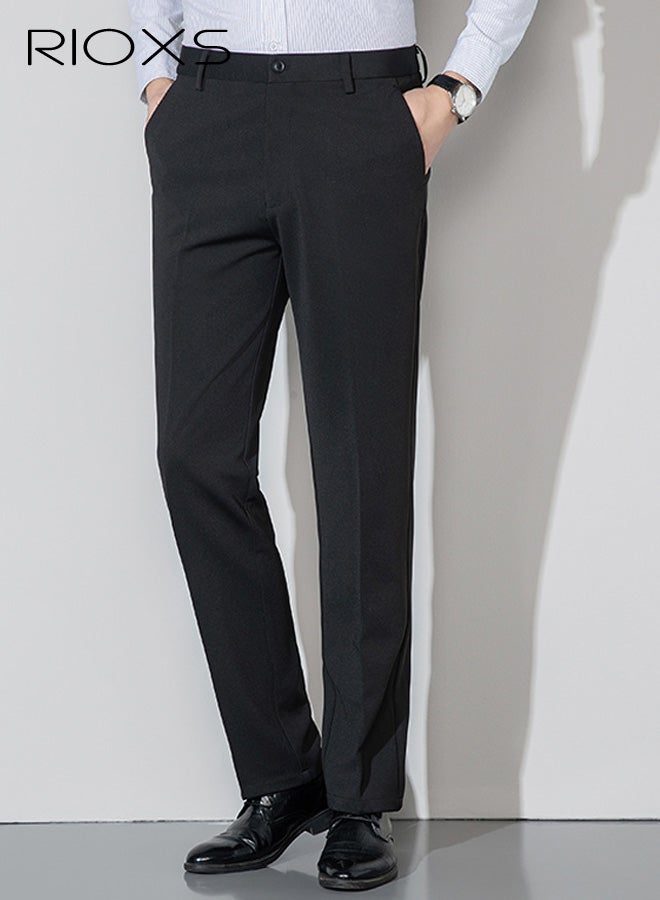 ريوكس بنطلونات رجالية رسمية، بنطلونات رجالية غير رسمية بقصة عادية، بنطلونات رجالية عمل مسطحة من الأمام ومريحة وخالية من التجاعيد مع جيوب، بنطلونات مريحة ومطاطية للعمل والاجتماعات والمواعيد الغرامية وحفلات التخرج والزفاف وغيرها، أسود - Image 1