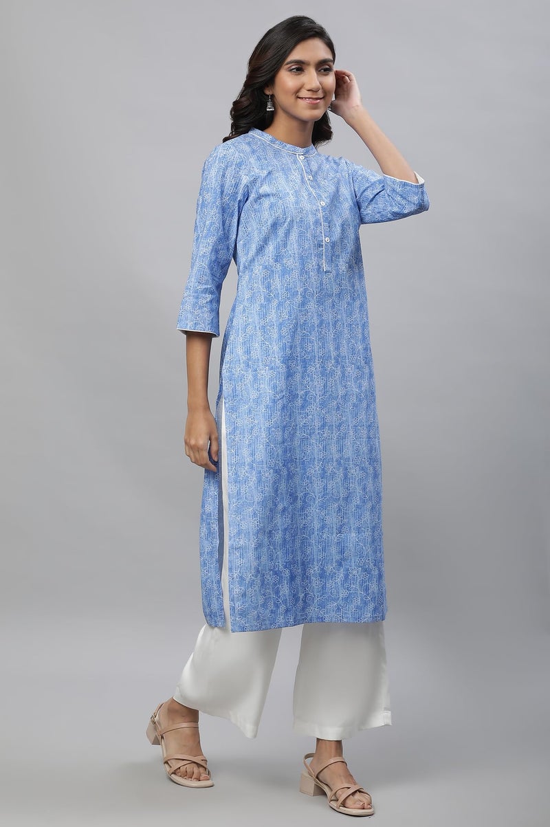 Aurelia Blue Floral Printed Printed Cotton Straight Long Kurta for Women - Image 5
