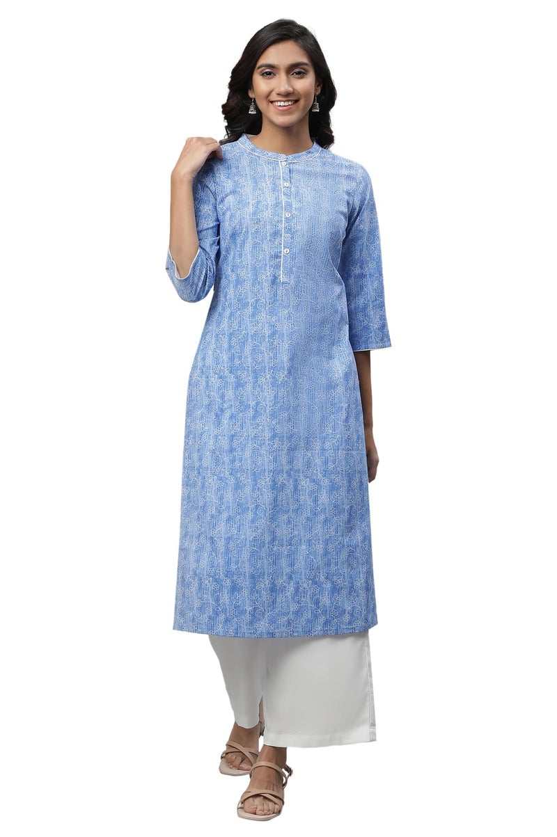 Aurelia Blue Floral Printed Printed Cotton Straight Long Kurta for Women - Image 1