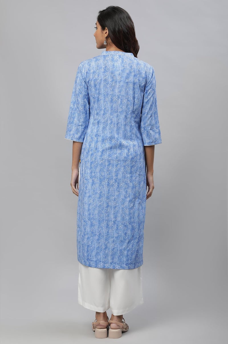 Aurelia Blue Floral Printed Printed Cotton Straight Long Kurta for Women - Image 4