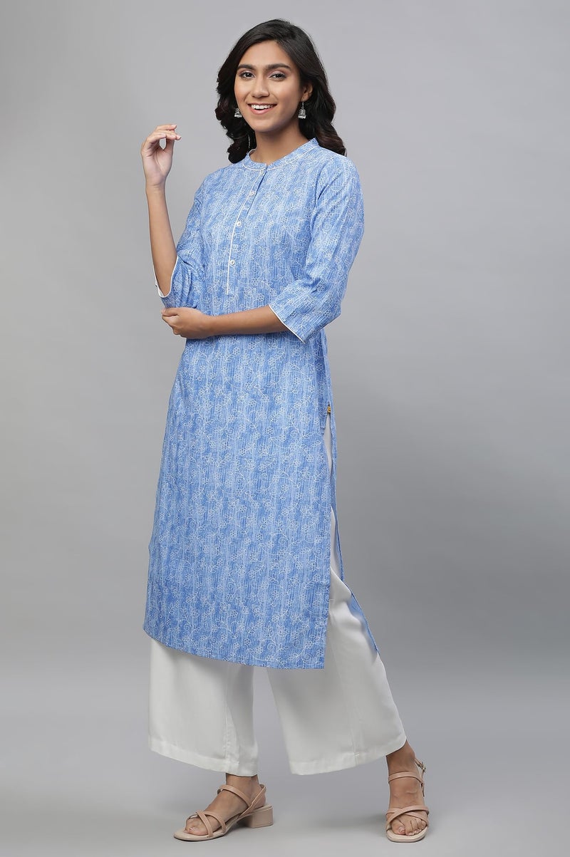 Aurelia Blue Floral Printed Printed Cotton Straight Long Kurta for Women - Image 3