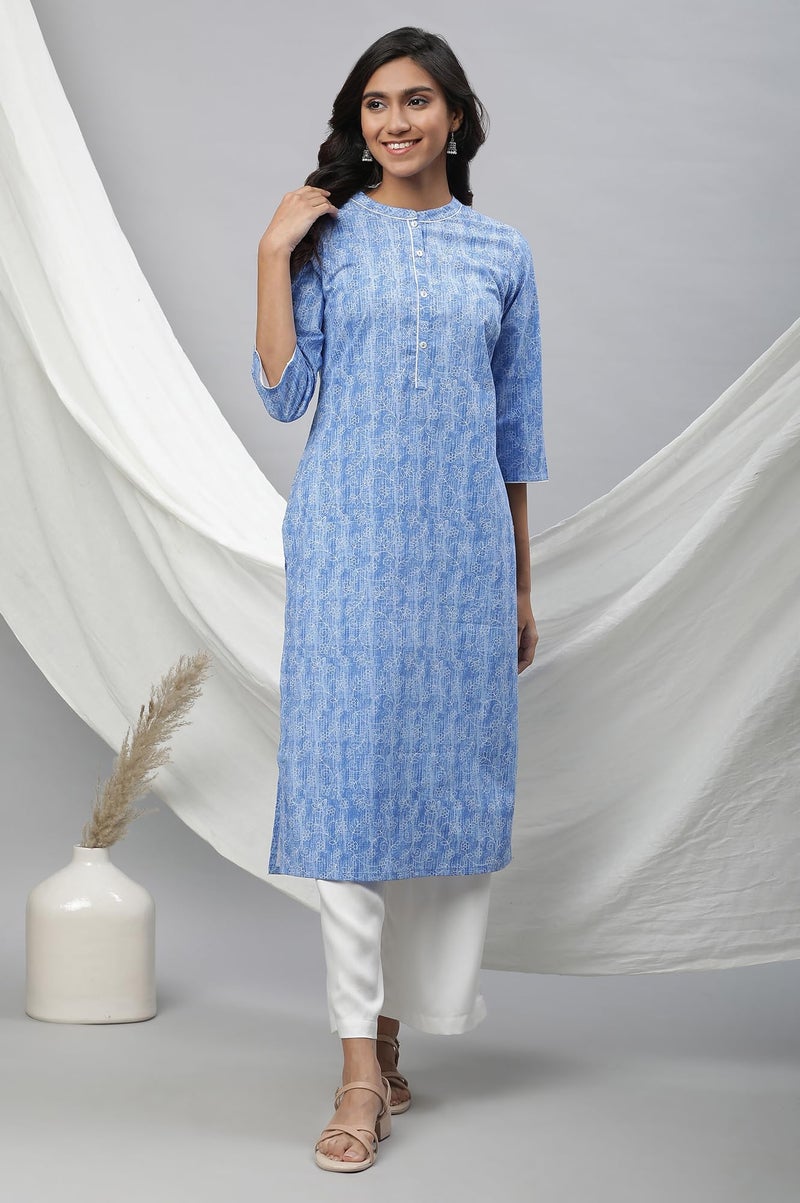 Aurelia Blue Floral Printed Printed Cotton Straight Long Kurta for Women - Image 2