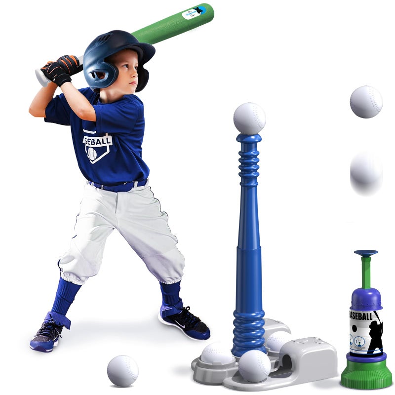 QDRAGON 2 in 1 T Ball Sets for Kids 35 58 Tee Ball Set with Automatic Pitching MachineAdjustable Batting Bat  Stand6 Balls Baseball Toys Outdoor Sport for Toddlers Boys Blue - Image 2