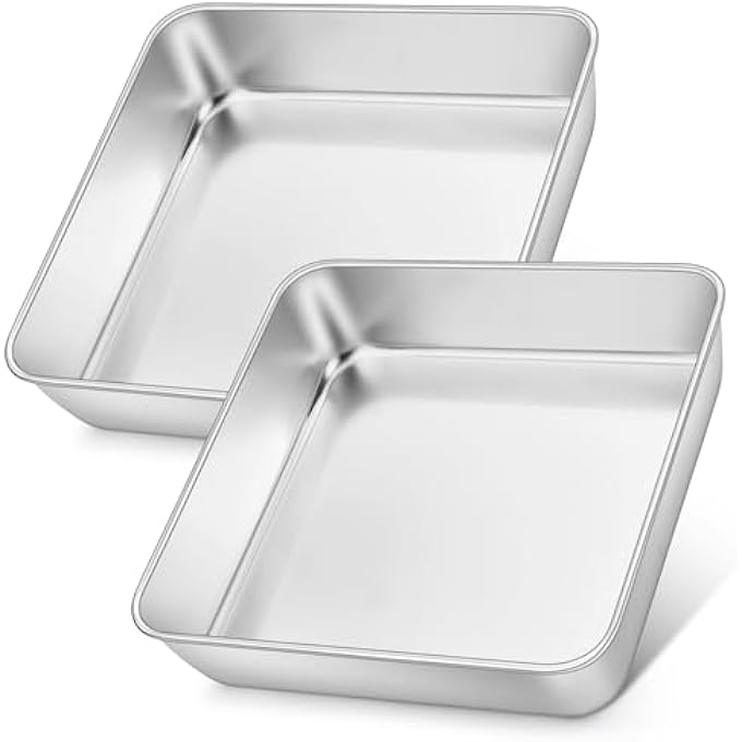 8X8 Inch Square Cake Pans Set Of 2 Stainless Steel Baking Pan For Lasagna Brownies Casseroles Silver Square Bakeware For Oven Cooking NonToxic  Rust Free Dishwasher Safe 2 Inch Deep - Image 1