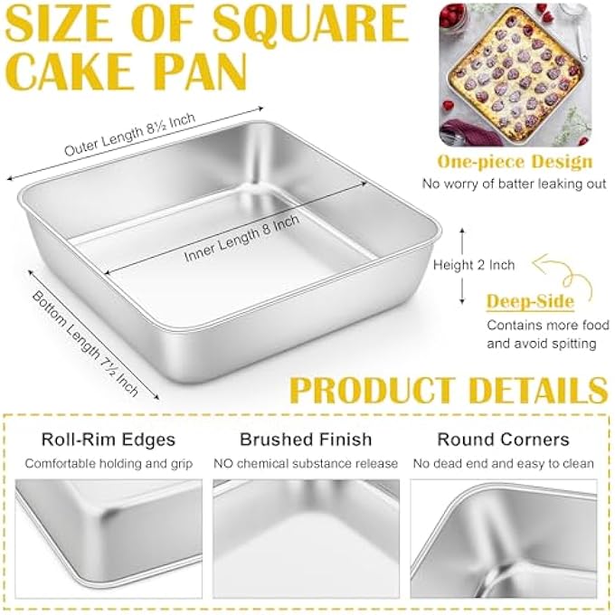 8X8 Inch Square Cake Pans Set Of 2 Stainless Steel Baking Pan For Lasagna Brownies Casseroles Silver Square Bakeware For Oven Cooking NonToxic  Rust Free Dishwasher Safe 2 Inch Deep - Image 3