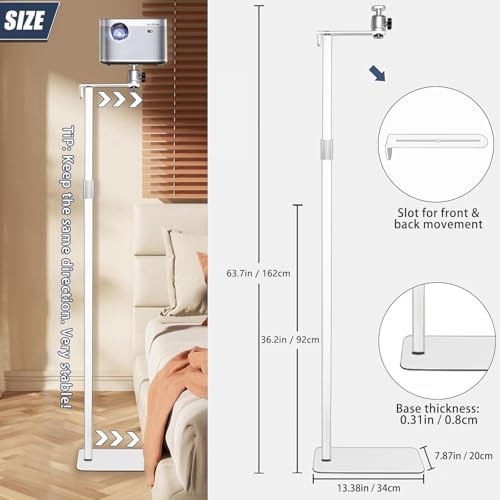 2-Be-Best Projector Stand 36-63in / 92-162cm Height Adjustable Projector Floor Stands Universal Projectors Mount Stand for Bed Sofa Compatible with HAPPRUN Anker XGIMI Upgraded Large Ball Head White - Image 2
