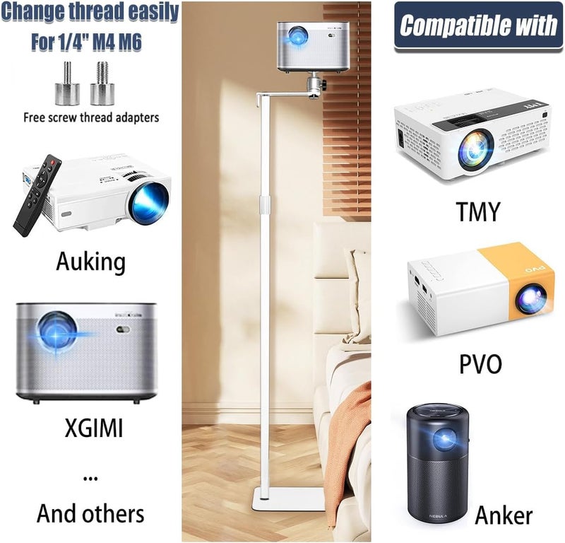 2-Be-Best Projector Stand 36-63in / 92-162cm Height Adjustable Projector Floor Stands Universal Projectors Mount Stand for Bed Sofa Compatible with HAPPRUN Anker XGIMI Upgraded Large Ball Head White - Image 3