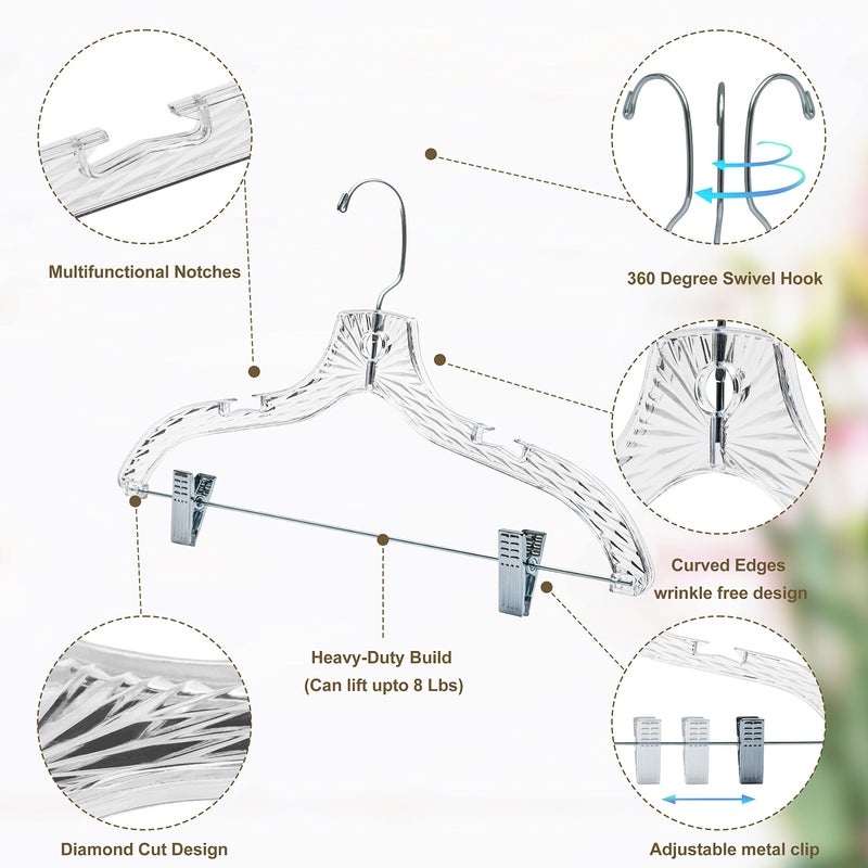 Quality Hangers Quality Clear Plastic Skirt Hangers - 12 Pack Crystal Cut for Skirt, Pant, Dress, Suit, Coat Hangers Heavy Duty & Nonslip Design Asujtable Clips, Swival Hook, 17" inch (12, Crystal Skirt) - Image 3