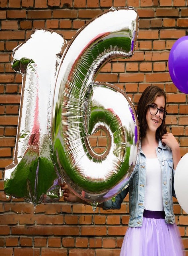 KALOR بالونات فضية كبيرة على شكل الرقم 16، بالون جامبو 40 بوصة على شكل الرقم 16، بالونات مايلر فضية لامعة لحفلات أعياد الميلاد للفتيات (16/61)، زينة حفلات الذكرى السنوية - Image 3