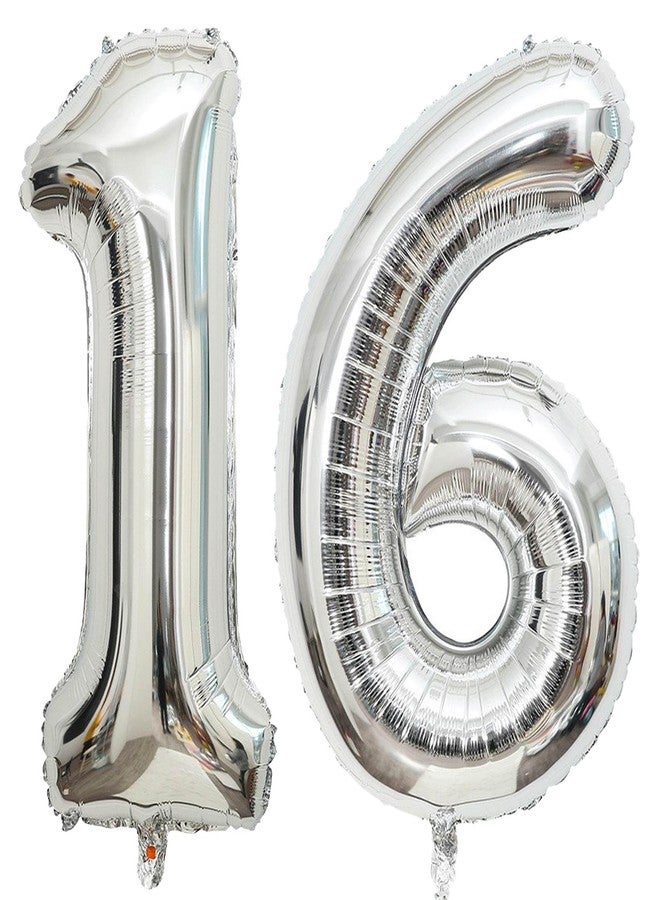 KALOR بالونات فضية كبيرة على شكل الرقم 16، بالون جامبو 40 بوصة على شكل الرقم 16، بالونات مايلر فضية لامعة لحفلات أعياد الميلاد للفتيات (16/61)، زينة حفلات الذكرى السنوية - Image 2