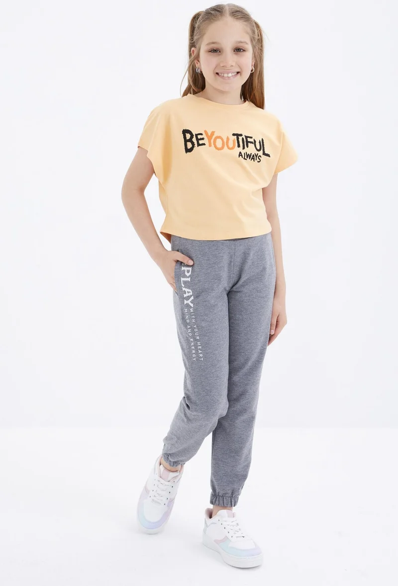 Tommy Life Gray Melange Text Embroidered Lace-Up Standard Mold Elastic Leg Girls Tracksuit Bottom - 75051
