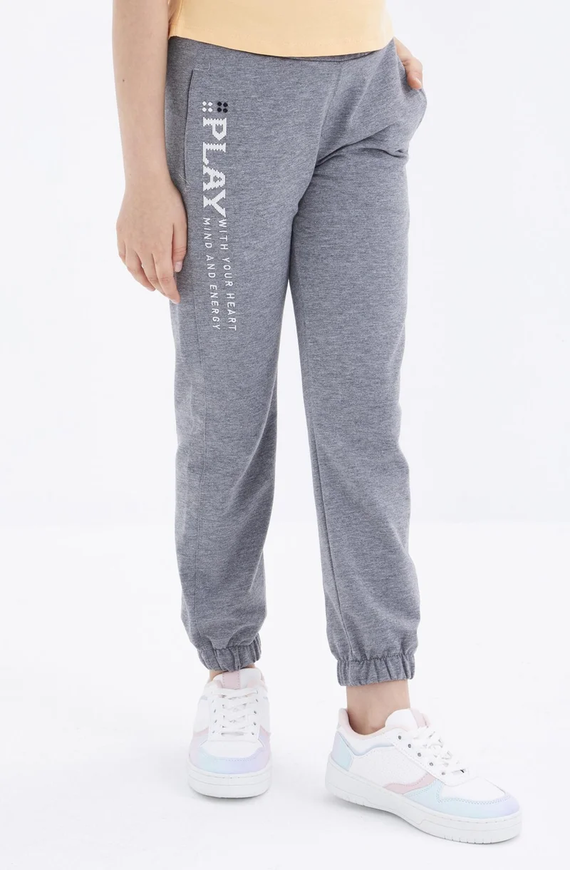 Tommy Life Gray Melange Text Embroidered Lace-Up Standard Mold Elastic Leg Girls Tracksuit Bottom - 75051