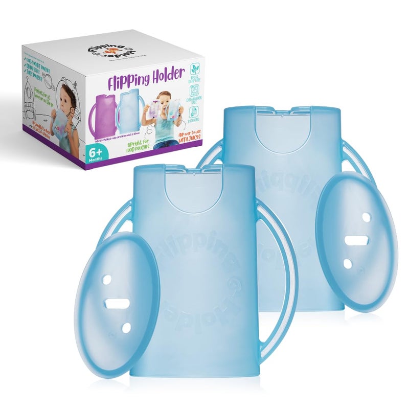 Flipping Holder حامل أكياس الطعام المضادة للضغط للأطفال، الرضع، والأولاد، حامل مشروبات عصير بدون ضغط وحامل وجبات خفيفة من صلصة التفاح مع مقابض سهلة الإمساك وغطاء - Image 1